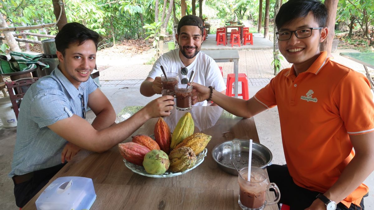 Enjoy chocolate drink in cacao farm - Can Tho bike tour - Mekong delta bike tour